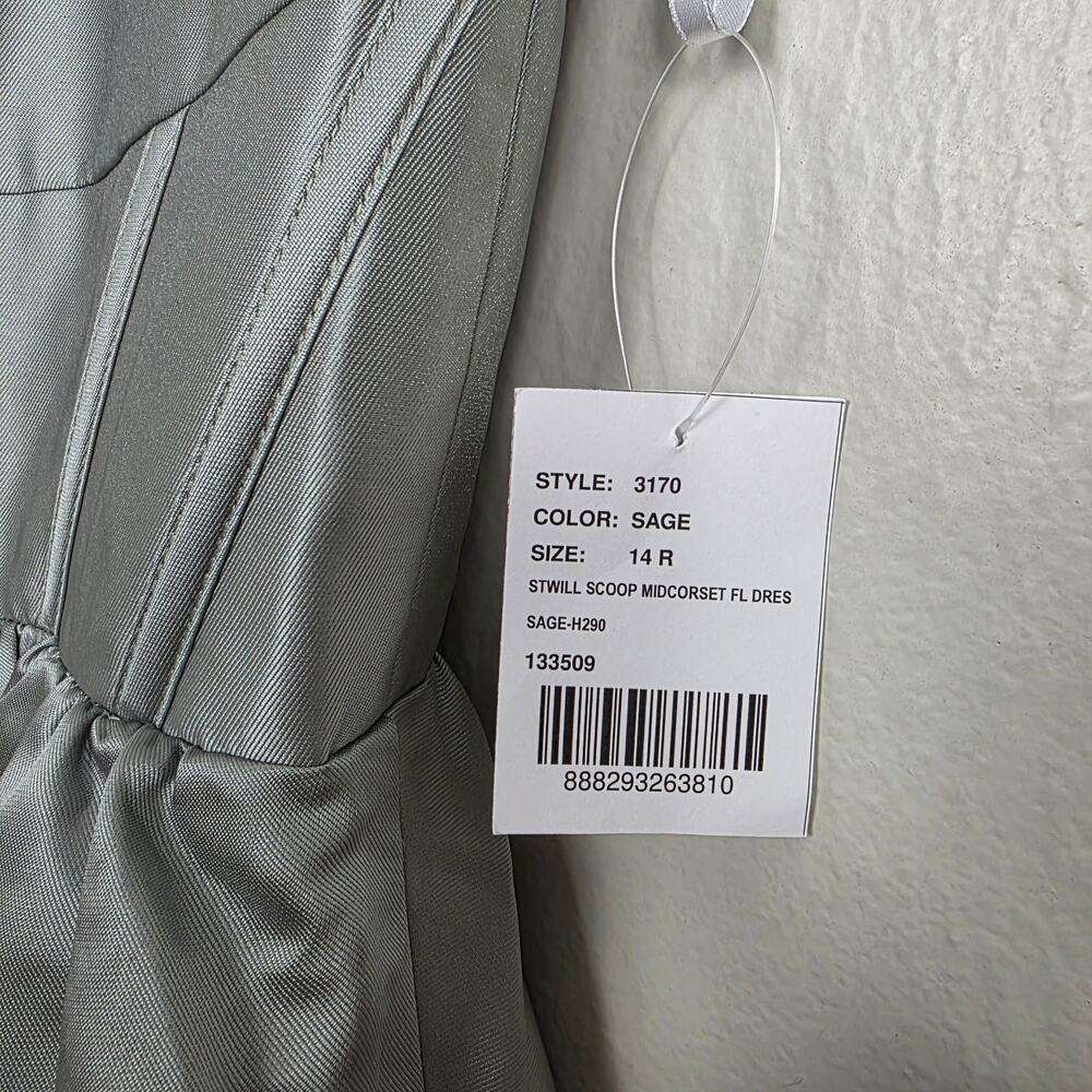 NWT Dessy Collection Scoop Neck Corset Satin Maxi Dress Pockets Sage 14R - Picture 5 of 14